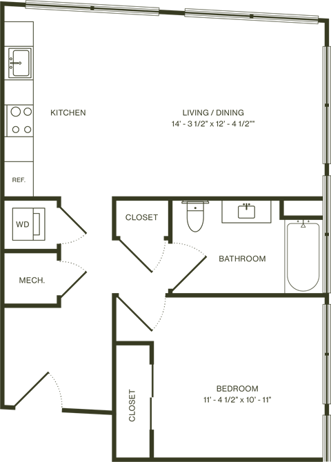 Floor plan for 1 bed, 1 bath, 681 sqft